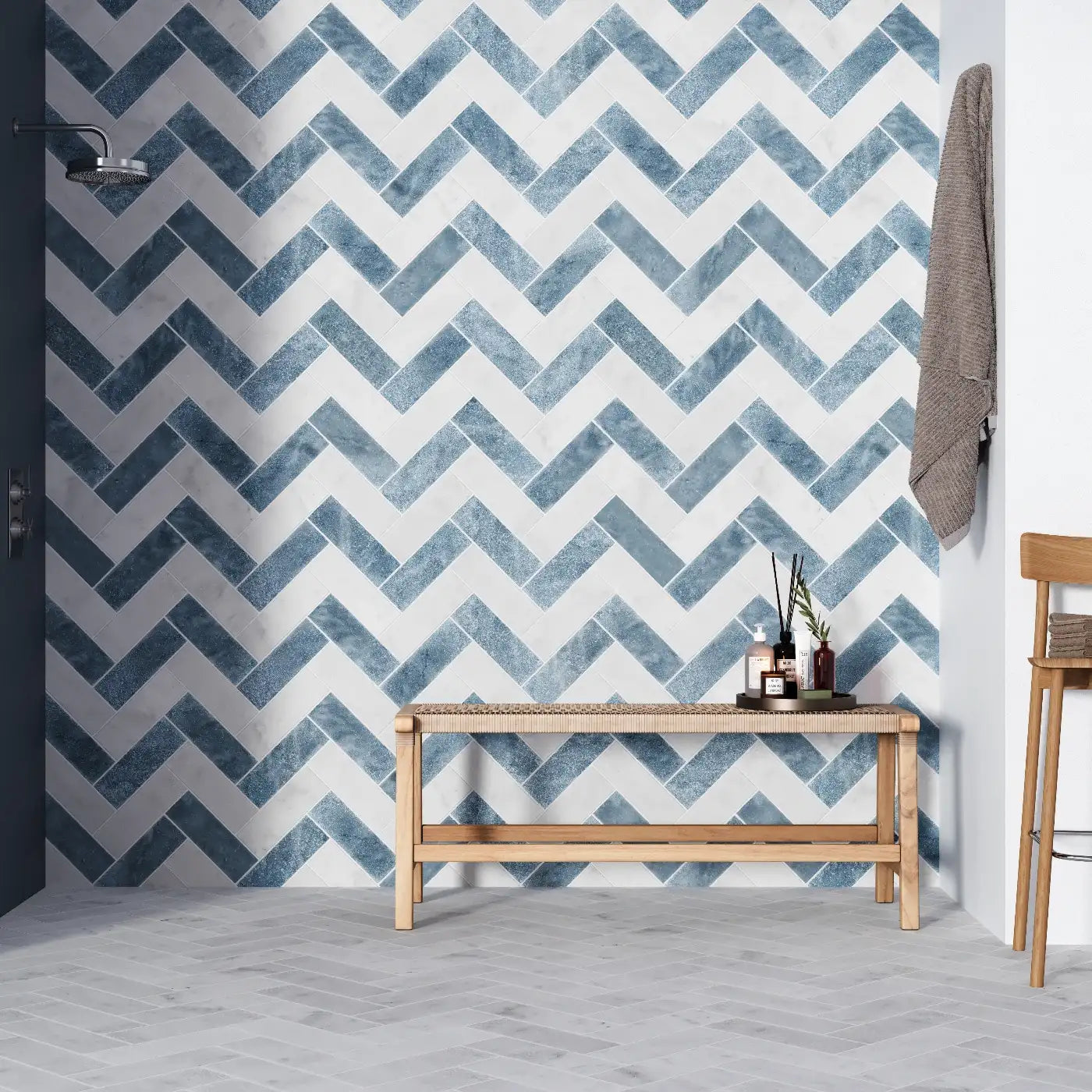 Ash Blue Herringbone Marble Tile