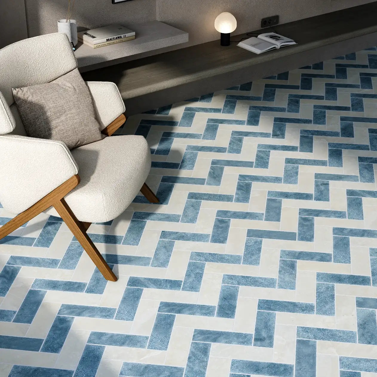 Ash Blue Herringbone Marble Tile