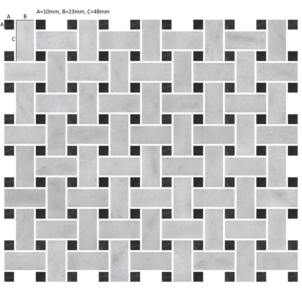 Carrara Marble Basketweave Mosaic Tile with St Laurent Dot