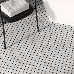 Carrara Marble Basketweave Mosaic Tile with St Laurent Dot