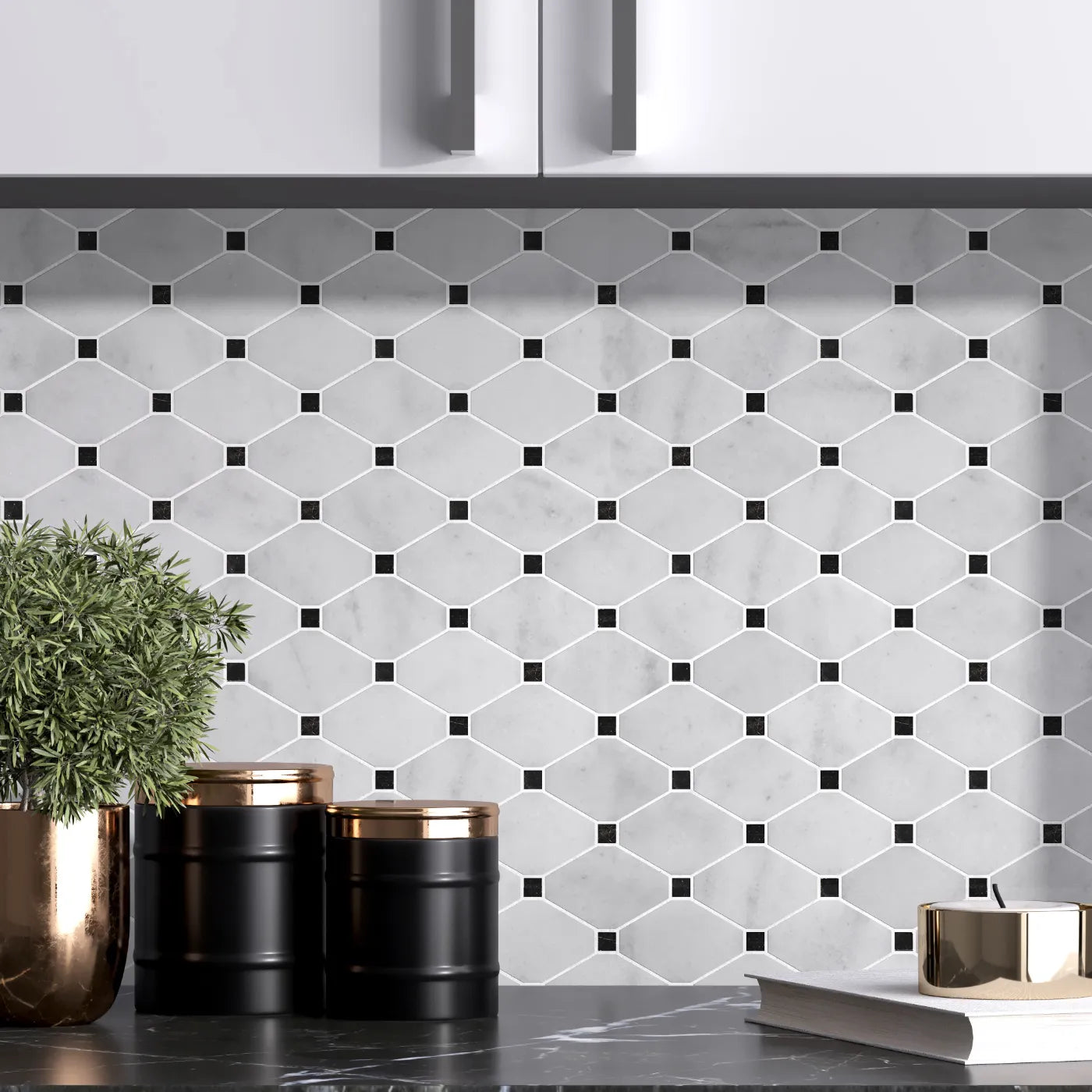 Carrara Marble Diamond Mosaic Tile with St Laurent Detail