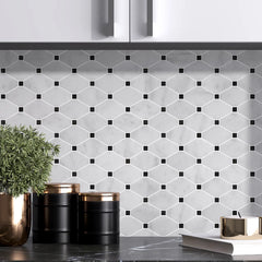 Carrara Marble Diamond Mosaic Tile with St Laurent Detail