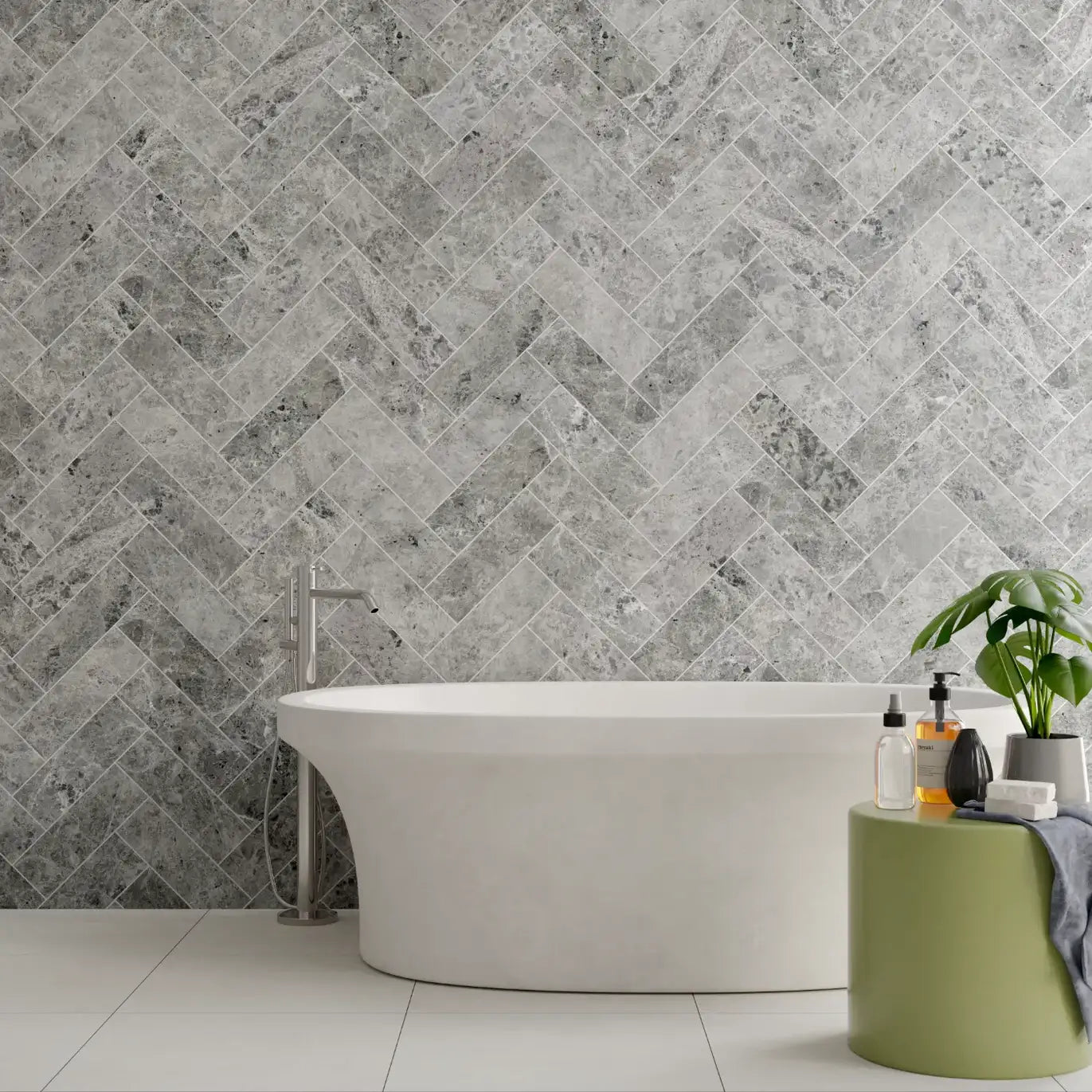 Silver Moon Herringbone Marble Tile