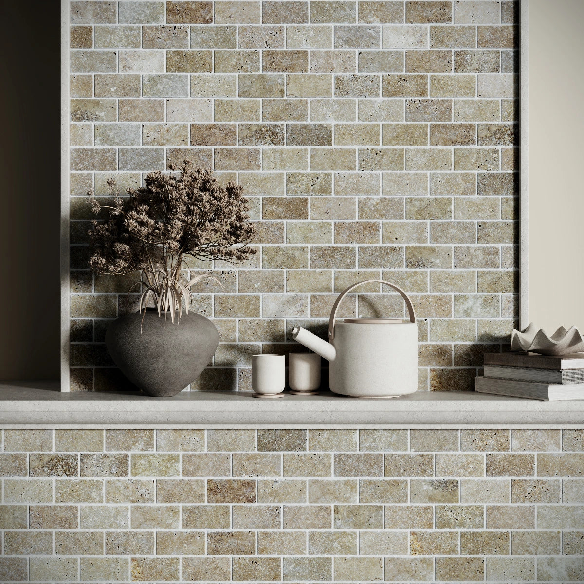 Siva Noce Marble Brick Mosaic Tile – Tumbled Finish